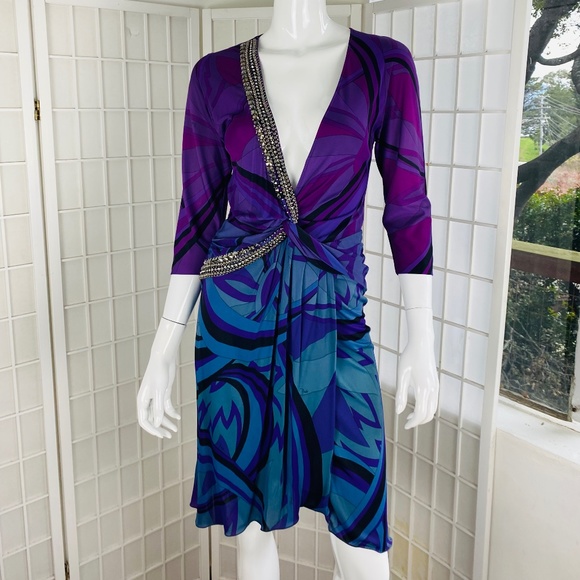 EMILIO PUCCI, Italy, Multi Color Printed Beaded Jersey Dress, 8.
